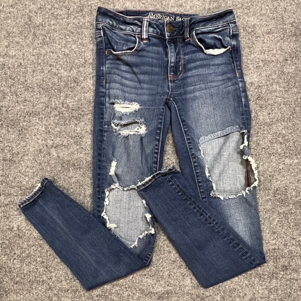 American Eagle Skinny Jegging Womens 2 Blue Excellent Distressed Super Stretch X